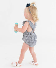 Load image into Gallery viewer, RUFFLE BUTTS Micro Stripe Woven Pinafore Cross-Back Bubble Romper
