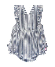 Load image into Gallery viewer, RUFFLE BUTTS Micro Stripe Woven Pinafore Cross-Back Bubble Romper
