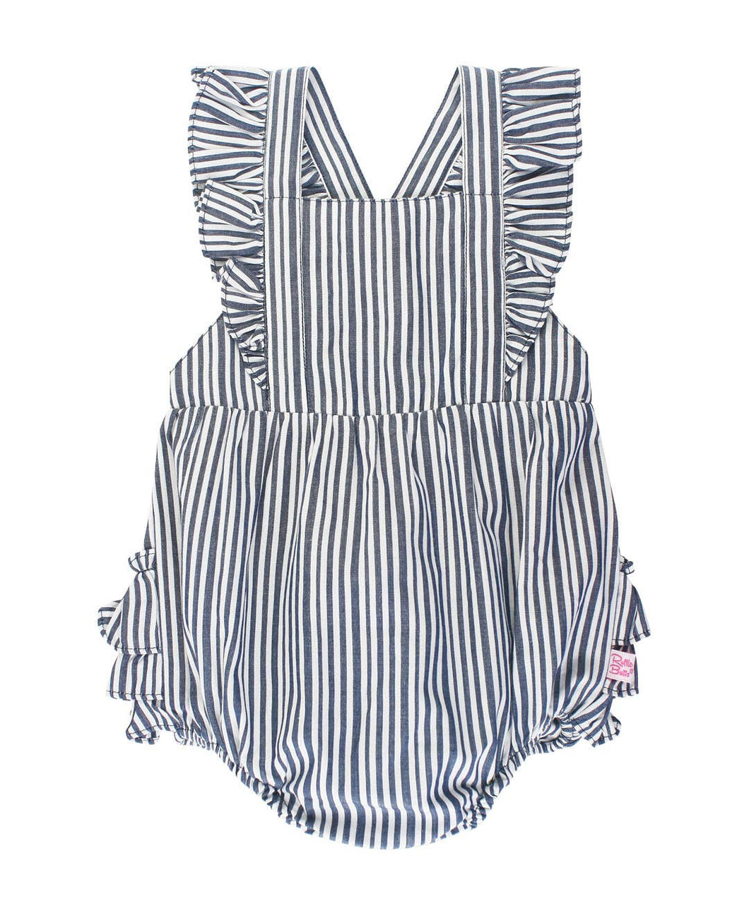 RUFFLE BUTTS Micro Stripe Woven Pinafore Cross-Back Bubble Romper