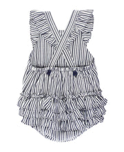 Load image into Gallery viewer, RUFFLE BUTTS Micro Stripe Woven Pinafore Cross-Back Bubble Romper
