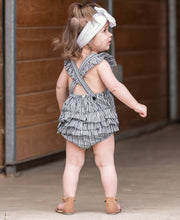 Load image into Gallery viewer, RUFFLE BUTTS Micro Stripe Woven Pinafore Cross-Back Bubble Romper

