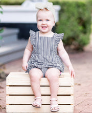 Load image into Gallery viewer, RUFFLE BUTTS Micro Stripe Woven Pinafore Cross-Back Bubble Romper
