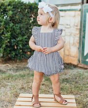 Load image into Gallery viewer, RUFFLE BUTTS Micro Stripe Woven Pinafore Cross-Back Bubble Romper
