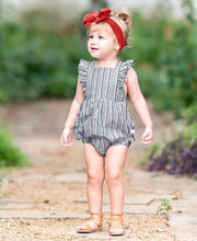 Load image into Gallery viewer, RUFFLE BUTTS Micro Stripe Woven Pinafore Cross-Back Bubble Romper
