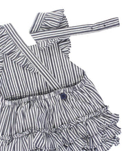Load image into Gallery viewer, RUFFLE BUTTS Micro Stripe Woven Pinafore Cross-Back Bubble Romper
