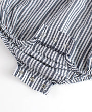 Load image into Gallery viewer, RUFFLE BUTTS Micro Stripe Woven Pinafore Cross-Back Bubble Romper
