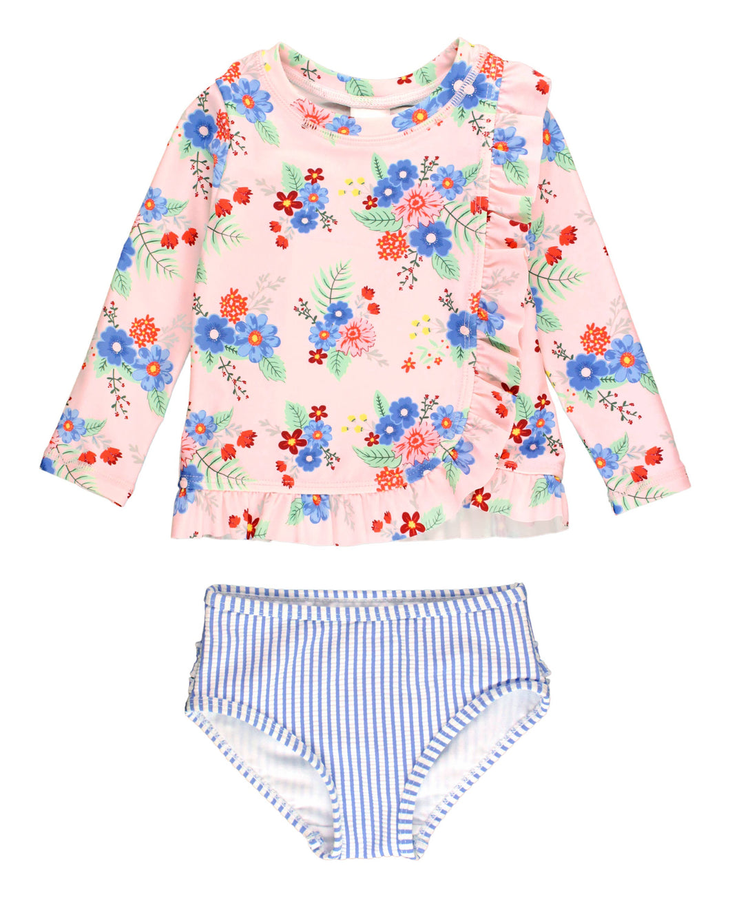 RUFFLE BUTTS Coastal Breeze Floral Ruffled Long Sleeve Rash Guard 2-piece