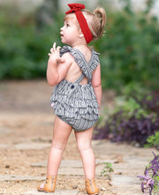 Load image into Gallery viewer, RUFFLE BUTTS Micro Stripe Woven Pinafore Cross-Back Bubble Romper
